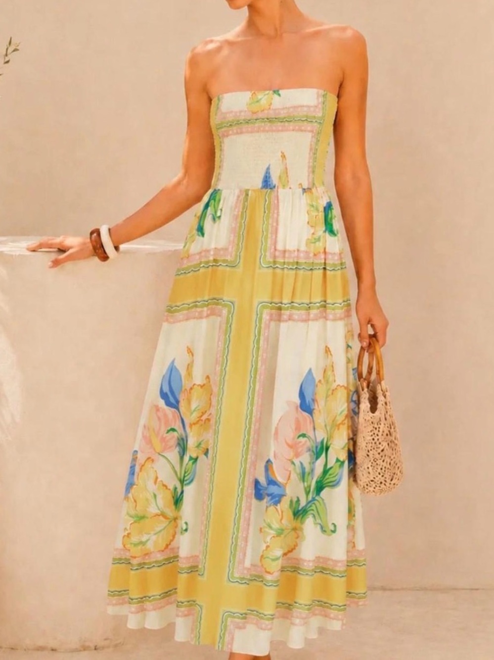 Commense Smocked Bodice Strapless floral print Maxi Dress